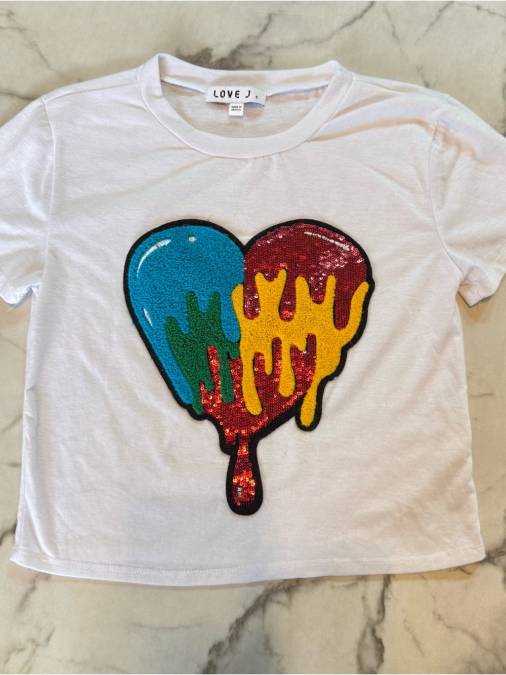 love J White Tee with Multicolor Drip Heart Sequin